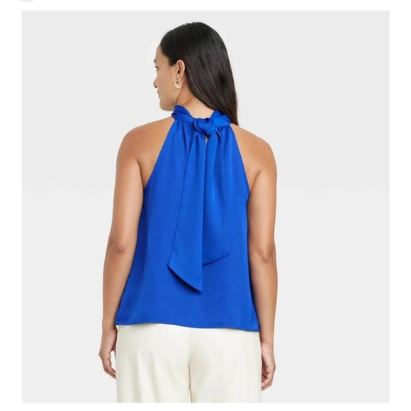 A New Day Satin Royal Blue Halter Tie Back Blouse Top Tank NWT - Picture 2 of 5